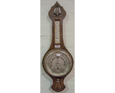 Aneroid barometer, with thermometer, part oak case, 66cm.