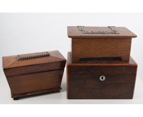 Three wooden boxes, a small mahogany sarcophagus shaped twin compartment tea caddy, a rectangular rosewood twin compartment t