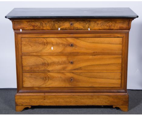 Continental walnut chest of drawers, black marble top above four long drawers, bracket feet, W126cm, D56cm, H100cm.
