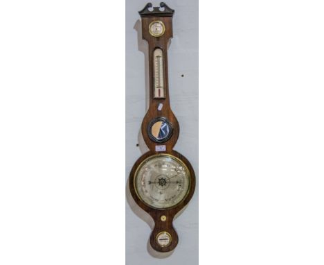 Victorian banjo barometer, mounted with thermometer, 8 inch silvered dial. 97cm high.