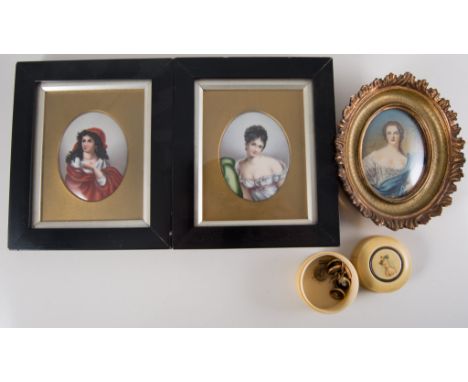 Pair of oval painted ceramic portrait miniatures 8cm x 6.5cm, gilt mounted in ebonised frames, another miniature 8.5cm x 6.5c