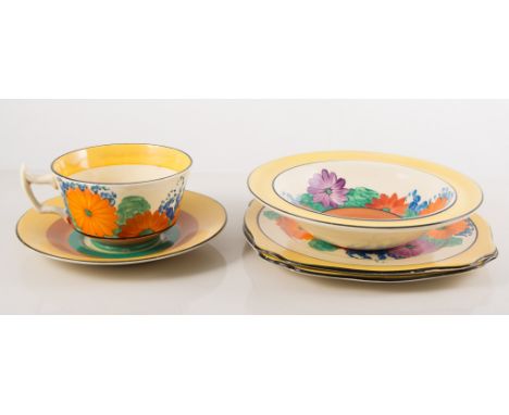 Clarice Cliff 'Gay Day', five pieces of table ware, including Athens shape cup and saucer, bowl, and two tea plates (5)