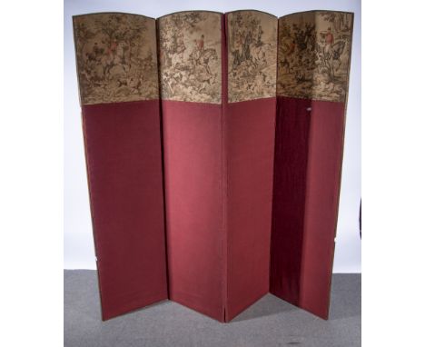 Vintage four fold screen, machine made hunting tapestry panels, 179cm high.
