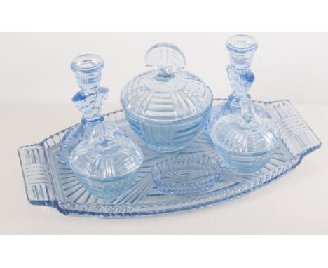 Burleigh Ware pottery dressing table set, pressed glass blue dressing table set, and other glass,