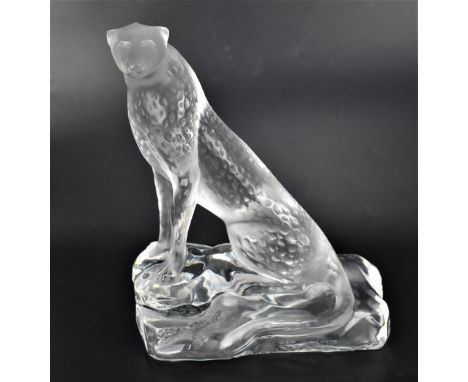 A Lalique "Tancrede Cheetah" frosted and clear crystal sculpture, the feline standing on a rock, signed 'Lalique R. France' t