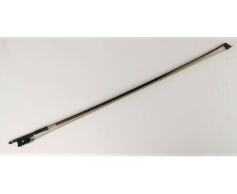 A German violin bow by Roderich Paesold with silver wire binding, mother of pearl inlay, ebony frog and Parisian eye, 74.5 cm