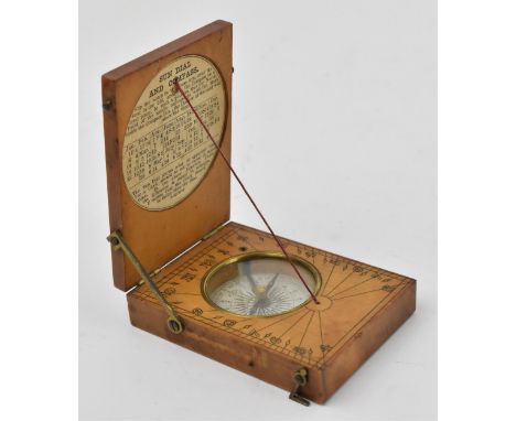 A 19th century pocket sun dial and compass, within wooden case, the top with etched plate 'Hutton Troutbeck 1860', 7.7 cm lon