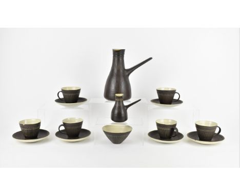 ? Dame Lucie Rie DBE (1902-1995), a stoneware coffee set, comprising a coffee pot, milk jug, sugar bowl and six cups and sauc