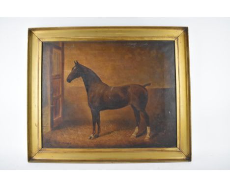 Herbert St John Jones (1870-1939) a bay hunter in a stable, oil on canvas, signed L L, indistinctly titled L R, 41cm x 51cm, 