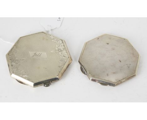 Two engine turned silver octagonal powder compacts, Birmingham 1947 and 1953, one with floral engraving and 'Jill', the large