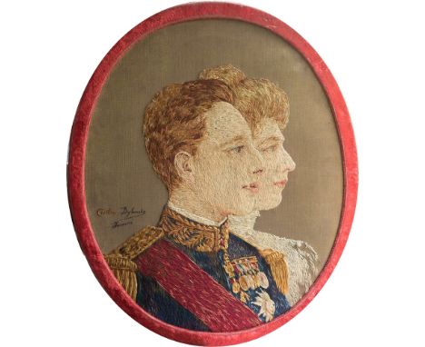 A silkwork portrait of the King & Queen of Spain, late 19th / early 20th century, after Mme Cecilia Dybowska, oval, 20¼ x 16¼