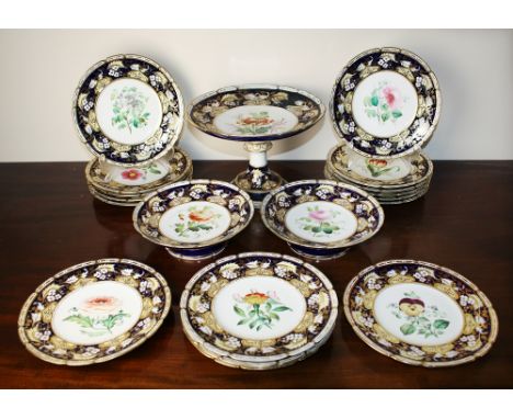 A good quality 19th century hand-painted part dessert service, probably Ridgeway, 19 pieces, c.1840, comprising sixteen 9in. 