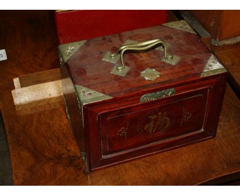 A vintage hardwood cased Mah Jong set, 1920s-30s, the case with plated mounts and handles, containing five drawers with bone 