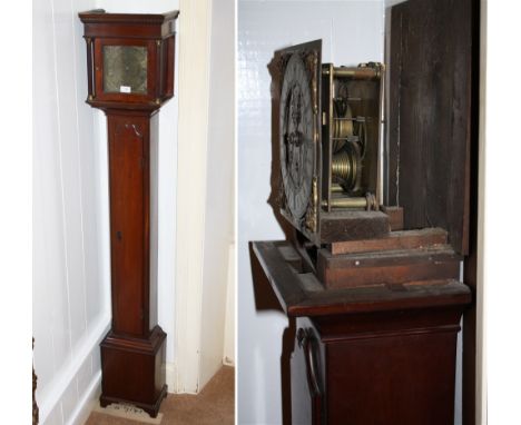 A walnut cased Grandmother clock with 18th century single fusee movement, with slender trunk, the 7in. engraved brass dial wi