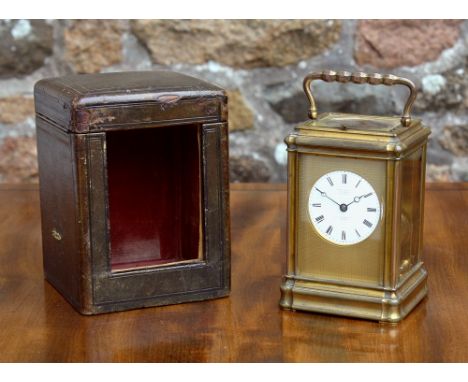 A French gilt brass repeating carriage clock, c.1890, with gong strike, the dial signed 'Le Roy a Fils, Regent St., London, P