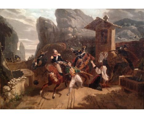 Follower of Emile Jean Horace Vernet (French, 1789-1863), Italian Brigands surprised by Papal Troops, oil on canvas laid on b