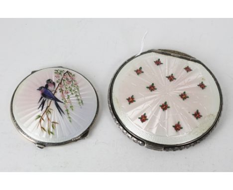 Two mid 20th century silver and enamel powder compacts, J. G. Ltd., Birmingham 1947 and 1948, the larger with pink flowerhead