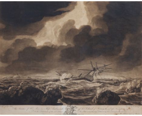 William Dickinson after Capt. Adlam, scarce mezzotint, 'The Situation of His Majesty's Ship Ambuscade, off the Island of Jers