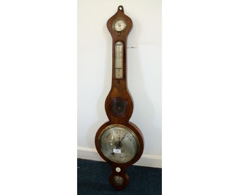 An early 19th century rosewood banjo barometer, with onion shaped terminals, with engraved and silvered dial, circular mirror