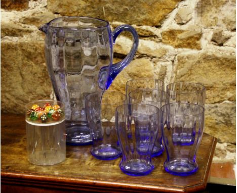 A 1950s blue glass lemonade set, comprising jug and six glasses, together with a French 1950s cocktail stick set with dice ha