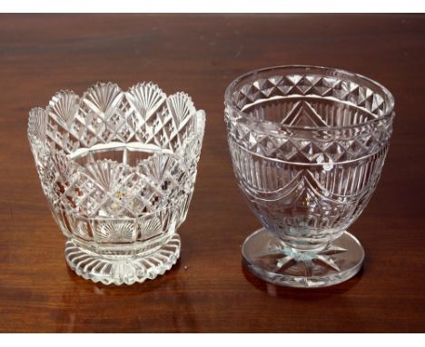 Two Georgian cut glass tea caddy mixing bowls, one oval with diamond cut band over facet cut swags, on a circular foot, 5¼in.