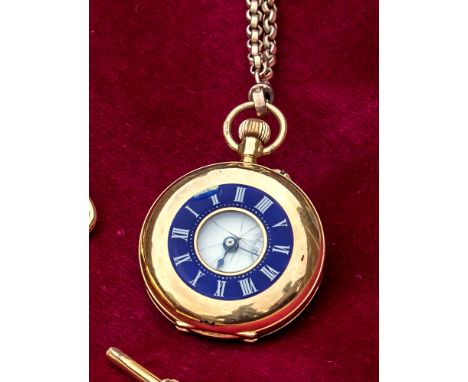 An 18ct gold and enamel ladies half hunter fob watch, import marks for London 1907, three quarter plate gilt lever movement, 