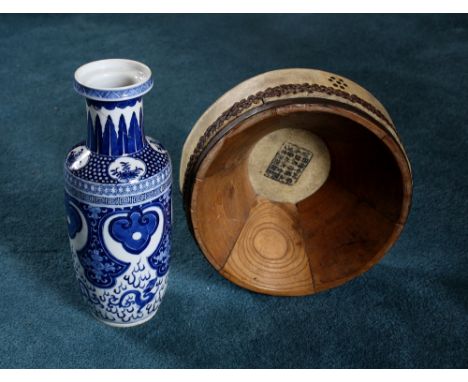 A Chinese elm wood and vellum hand drum, probably early 20th century, the vellum skin with iron nail head border, decorated w