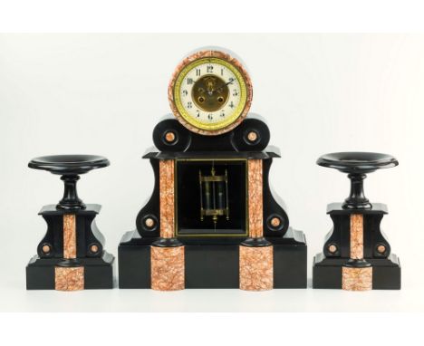 A slate and marble cased drum clock garniture, 19th century, white enamel ring form dial with painted Arabic numerals, recess