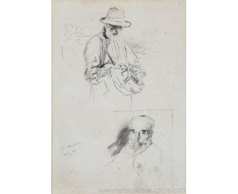 Edmund Blampied RE (Jersey, 1886-1966), Study of a bearded man playing a musical instrument; and a secondary study of a beard