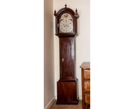 An early 19th century mahogany longcase clock by Edward Renouf & Co. of Jersey, the arched painted dial with fan spandrels an