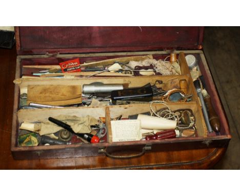 A vintage wooden cased craft or handyman's tool box,together with three mahogany T-squares. (4)