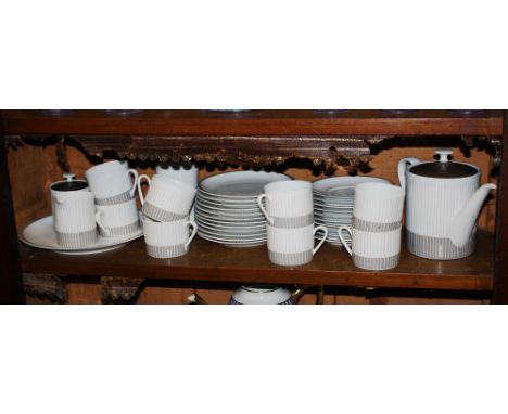 A 1970s German Arzberg porcelain part coffee set, with grey striped decoration, comprising a coffee pot, covered sugar basin,