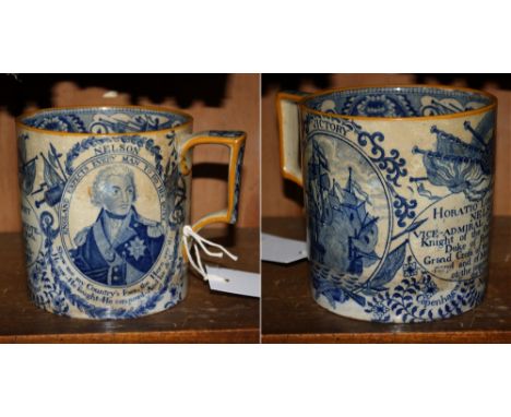 A Swansea pottery transfer printed commemorative Nelson mug, early 19th century, with angular yellow lined handle and rim, wi
