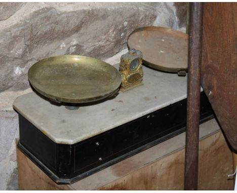 A pair of French wood and marble shop or chemist's scales with weights, 