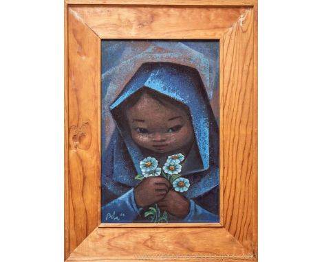 Carlos Belaunzaran (Mexican, 20th century), Portrait of a young girl in blue robe with flowers, oil on canvas, signed and dat