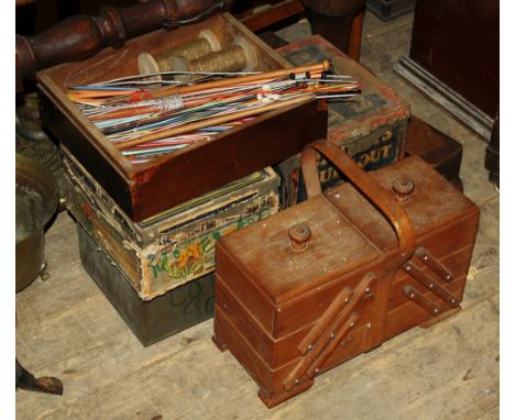 A vintage wooden sewing box, plus other sewing accessories and materials, 