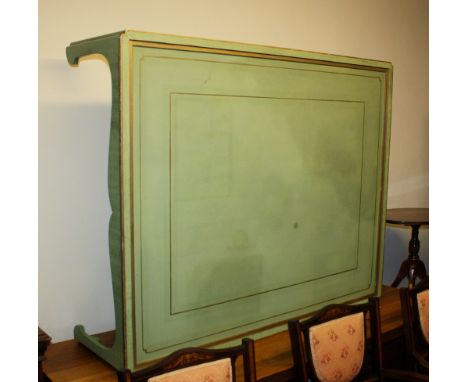 A large green and gilt painted coffee table, in the George III style, the rectangular top with re-entrant corners and glass i