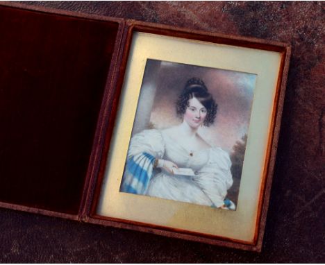 A finely painted portrait miniature of a young lady holding a letter, the letter addressed 'Mrs Singleton', the lady with hai