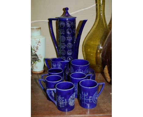 A Portmeirion blue glazed 'Totem' coffee set, comprising coffee pot, cream jug, sugar basin, five coffee cups and six saucers