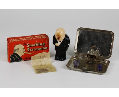 A novelty plated cigarette case, 1920s, opening to reveal a miniature bottle of Scotch and two tumblers; together with a boxe