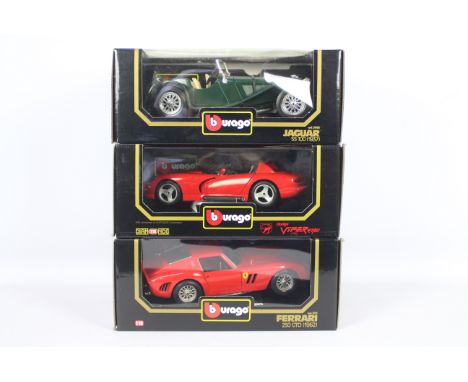 Bburago - Three boxed 1:18 scale diecast model cars by Bburago. Lot includes #3025 Dodge Viper RT/10 (1992); #3006 Jaguar SS1