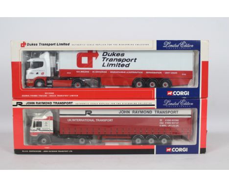 Corgi - Two boxed Corgi Limited Edition 1:50 scale diecast trucks. Lot consists of CC12202 Scania Fridge Trailer 'Dukes Trans