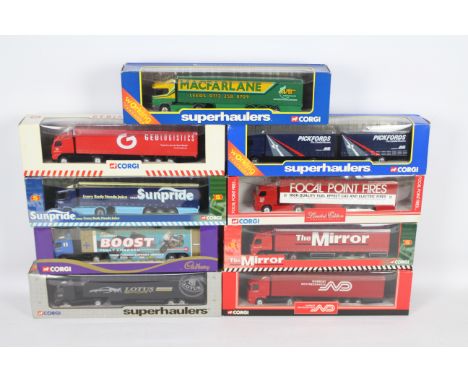 Corgi - Nine boxed 1:64 scale diecast model trucks from Corgi. Lot includes Corgi 'Superhaulers' #59547 Volvo Race Transporte