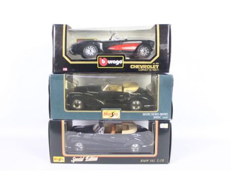 Bburago, Maisto - Three boxed 1:18 scale diecast model cars. Lot includes Bburago #3034 Chevrolet Corvette (1957); Maisto 'Sp