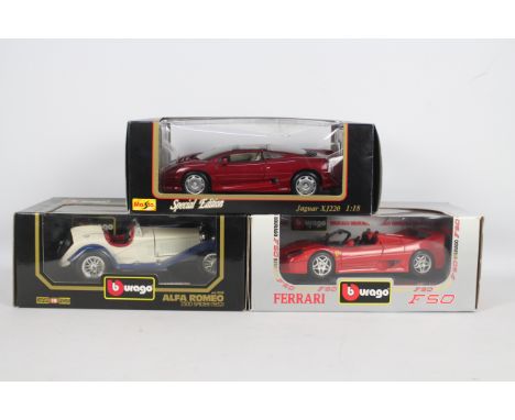 Maisto, Bburago - Three boxed 1:18 scale model cars. Lot includes Maisto #31807 'Special Edition' Jaguar XJ220 (1992); Bburag