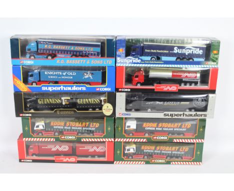 Corgi - A fleet of 10 boxed 1:64 scale diecast model trucks from Corgi. Lot includes Corgi TY 86611 Scania Curtainside 'Knigh