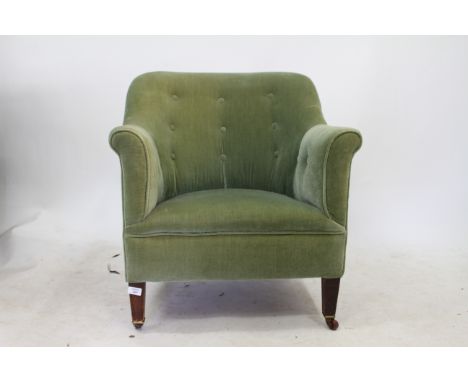 A GREEN DRAYLON BUTTON UPHOLSTERED TUB CHAIR with square tapering legs, 70cm wide 