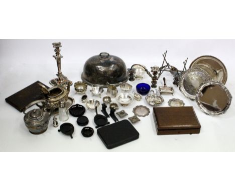 AN EXTENSIVE SELECTION OF BRITISH SILVER PLATED WARE including tapered candle sticks, sugar sifters, tea service, card trays 