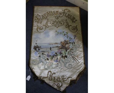 A FRENCH BANNER with handpainted and needlework decoration, two silver thread panels and a piece of tapestry