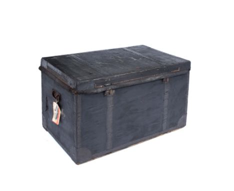 A LARGE 19TH CENTURY IRON BOUND CANVAS TRUNK, the interior fitted with two removable trays and the inside of the lid bearing 